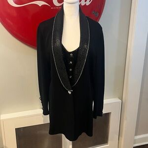 ST. JOHN Evening 2-pc Black Knit Rhinestone Blazer + Button-In Vest, 16 *AS IS*